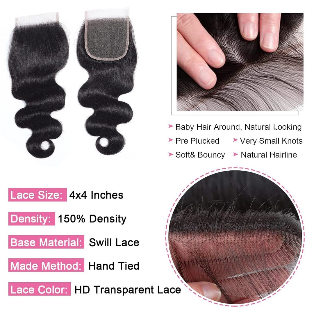 GLOSSY HD 4"X4" LACE CLOSURE 12" BODY WAVE NATURAL BLACK