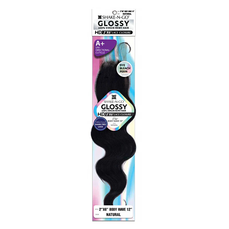 GLOSSY 100% VIRGIN REMY HAIR HD 2" X6” LACE CLOSURE BODY WAVE 12" NATURAL BLACK