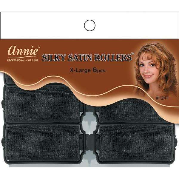 ANNIE SILKY SATIN ROLLERS 6PCS XLG BLACK-Annie- Hive Beauty Supply