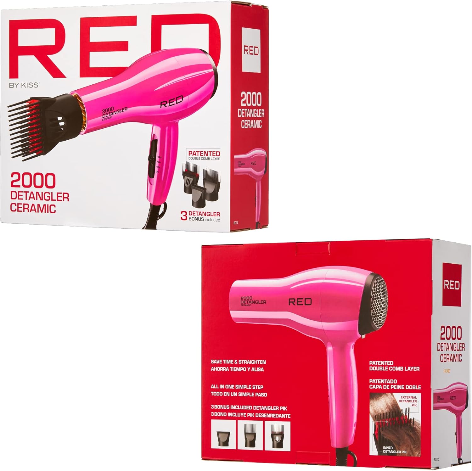 RED BY KISS DETANGLER 2000 CERAMIC HAIR DRYER PINK 4pcs