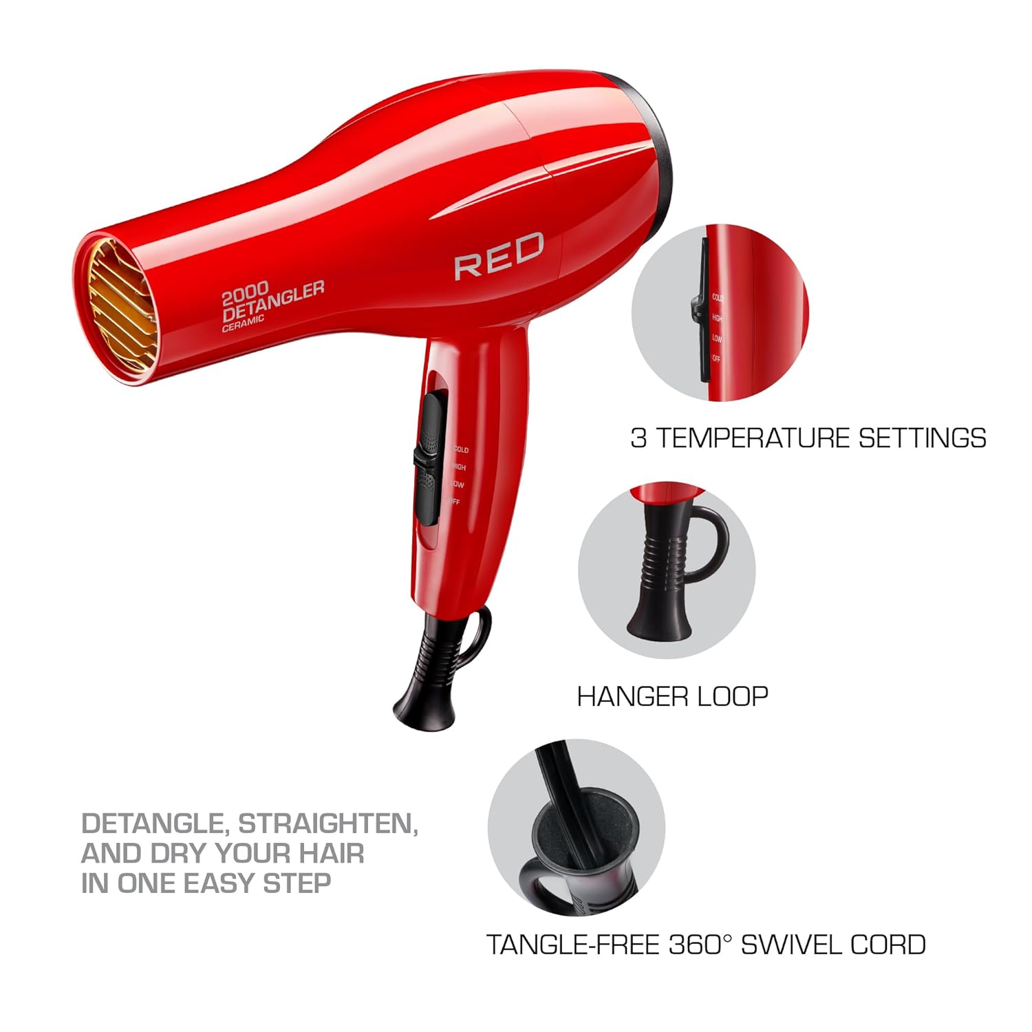 RED BY KISS DETANGLER 2000 CERAMIC HAIR DRYER RED 4pcs
