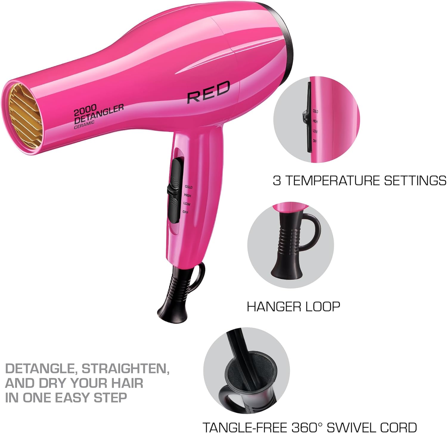 RED BY KISS DETANGLER 2000 CERAMIC HAIR DRYER PINK 4pcs
