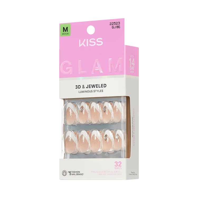 KISS PRESS-ON 3D & JEWELED NAILS GLAM 32ct MEDIUM #APPLAUSE
