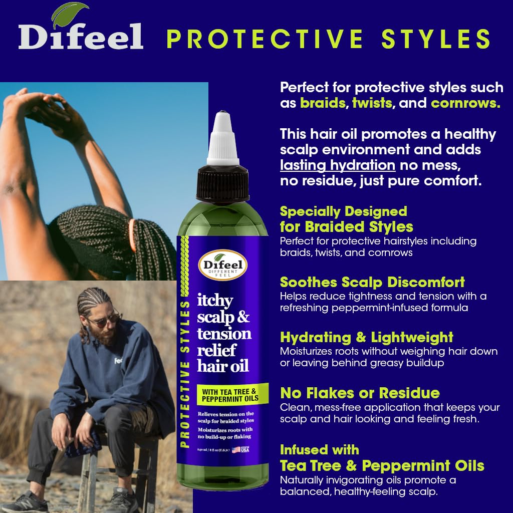 Difeel Itchy Scalp & Tension Relief Hair Oil with Tea Tree & Peppermint Oil 8oz