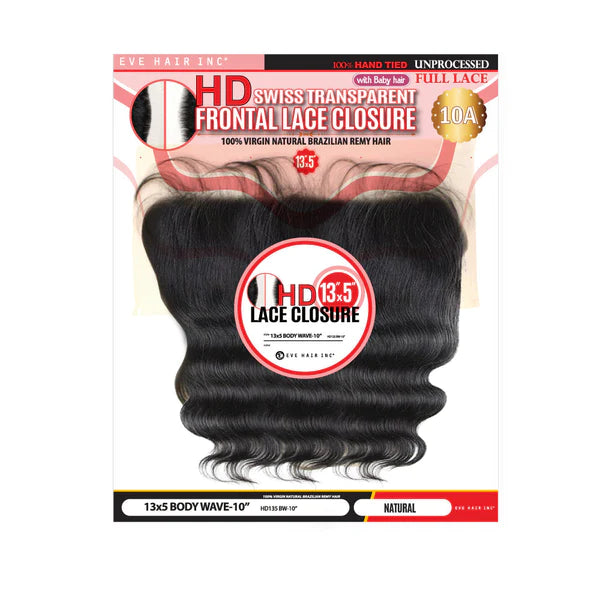 EVE HAIR HD SWISS FRONTAL LACE CLOSURE 13" X5" BODY WAVE #Natural