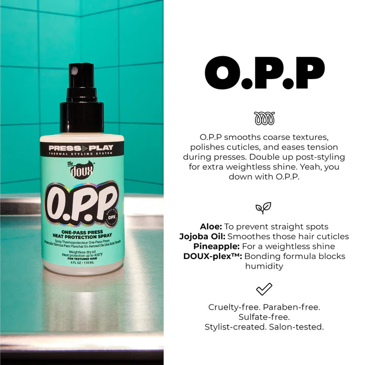 THE DOUX "PRESS PLAY" O.P.P ONE-PASS PRESS HEAT PROTECTION SPRAY 4oz