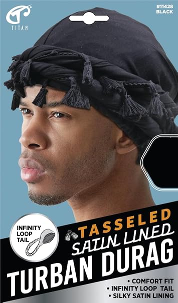 TITAN TASSELED SATIN LINED TURBAN DURAG BLACK #11428